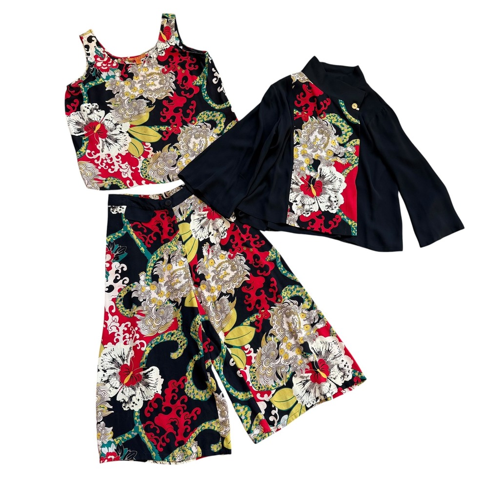 Harari 100% Silk 3 Piece Set Tank Pants Jacket Asian Floral Foo Dog Print L